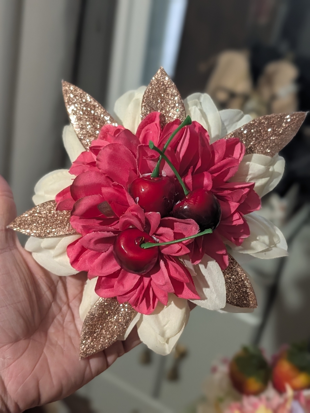 Handmade Floral Hair Clip with Pink And White, Red Cherries & Rose Gold Accents